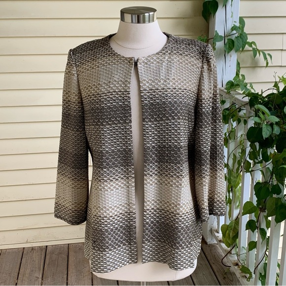Ming Wang Knit Cardigan Sweater Jacket Checkered Brown Beige Geometric Size M - Picture 1 of 8